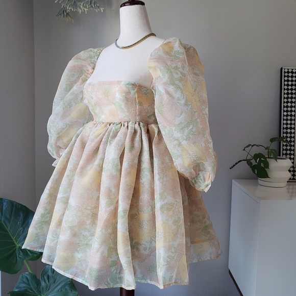 Floral Organza Babydoll Puff Dress - Picture 3 of 9
